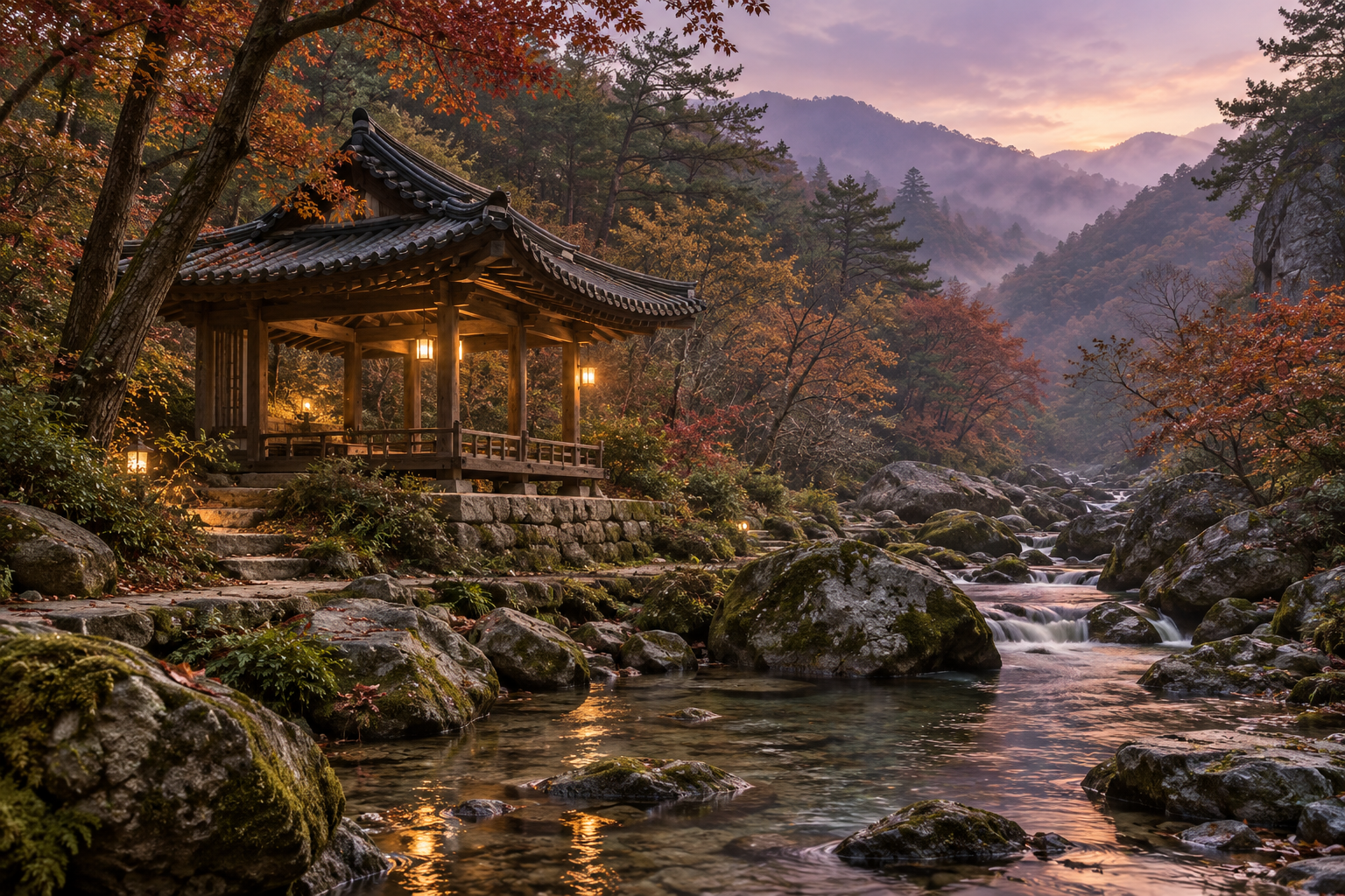 계곡의 기도도량를 상상한 AI 콘셉트 이미지