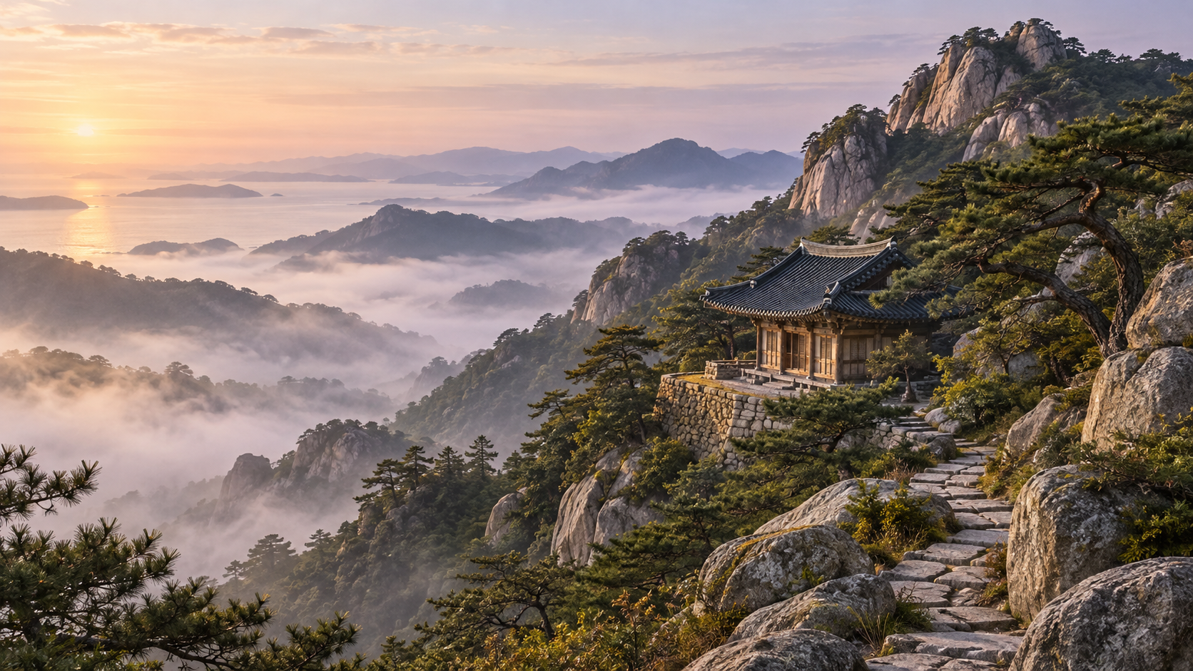 산과 바다 사이 작은 암자를 상상한 AI 콘셉트 풍경